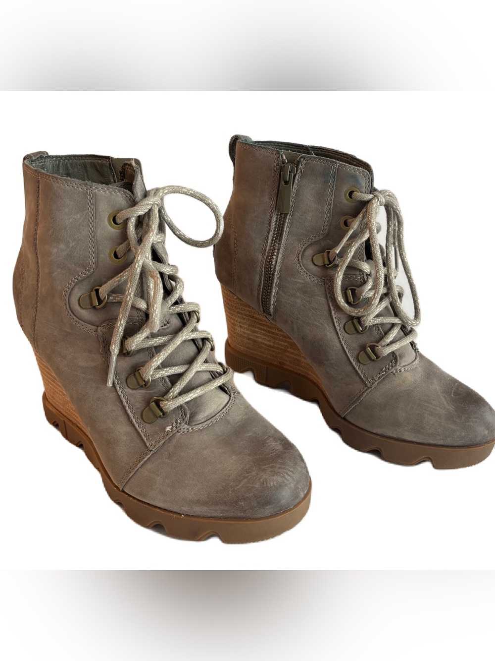 Sorel Women's Joan Uptown Khaki Leather Lace-Up/Zip Wedge Ankle Boots Size 9